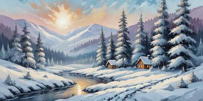 The primary subject of the image is a snowy landscape featuring a cabin and a river. The setting is a mountainous area with snow-covered trees and a sunset in the background. The visual style is a painting, which gives the scene a warm and serene atmosphere. The dominant colors are shades of white, gray, and orange, which create a sense of tranquility and beauty in the winter landscape.